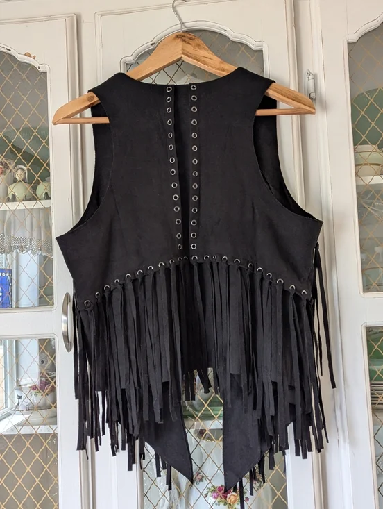 Lg Irvines Black Fringe Suede Women's Vest Eyelet Western Biker - Picture 6 of 6
